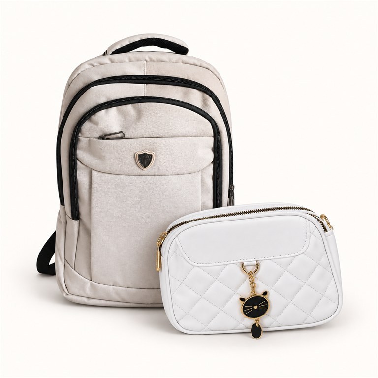 Mochila color crema y bandolera blanca acolchada